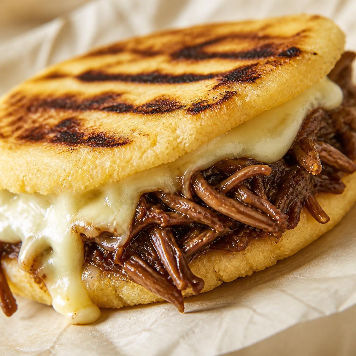 Arepa colombiana recién hecha con queso derretido y carne desmechada