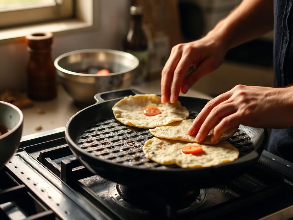Manos preparando arepas en una plancha de hierro